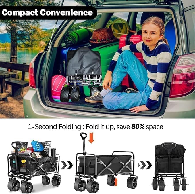 Eworld Heavy-Duty Foldable Utility Wagon Cart 150kg Capacity with All-Terrain Tyres, Adjustable Handle, 2 Storage Pockets – Black - Image 2